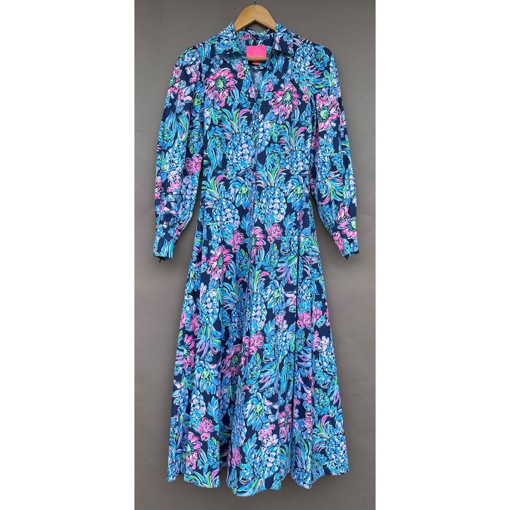 Lilly Pulitzer Mira Midi Shirtdress High Tide Navy Pineapple Paradise 00 Long